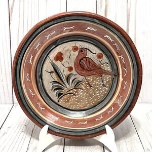 Hand Painted Mexican Pottery Plate Bird Folk Art Tonala Style Vintage 8” Rustic